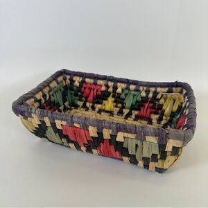 VTG Woven Straw Aztec Geometric Shallow Rectangular Basket Decor Handmade Raffia